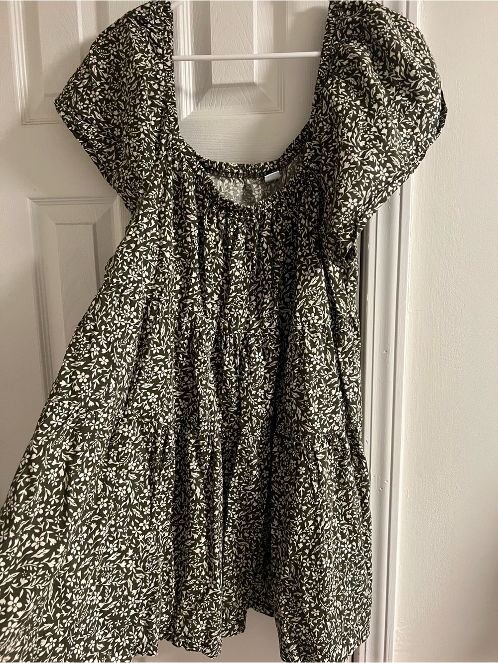 Old Navy Olive Green Mini Sun Dress with White Leaf Print